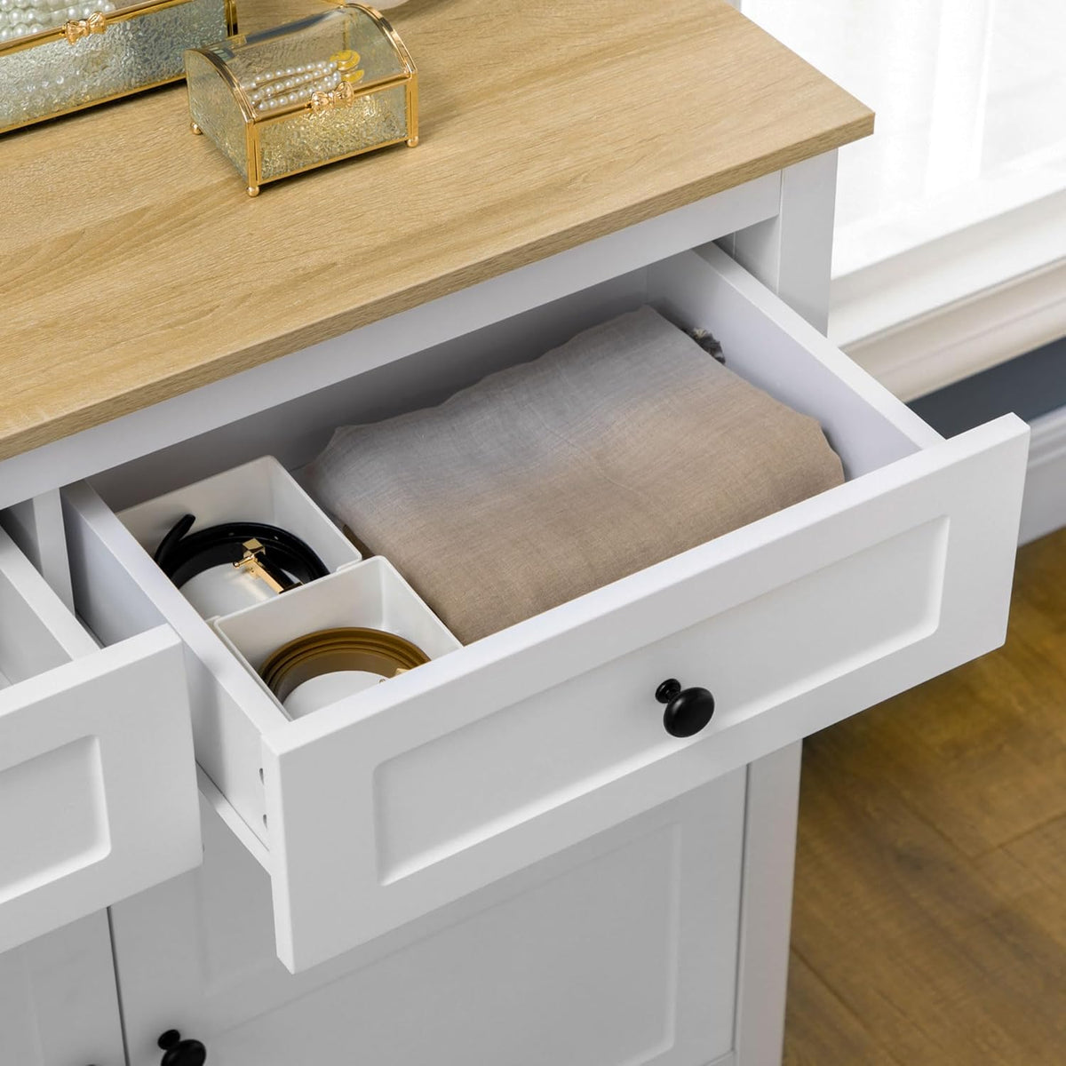 Kitchen Sideboard with Drawers and Adjustable Shelf, White