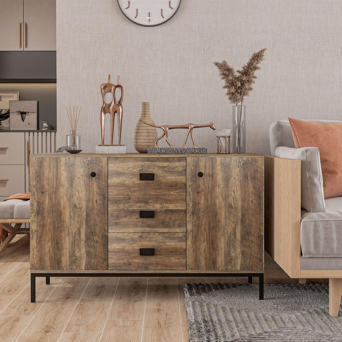 Industrial Sideboard with Two Cabinets and Three Drawers, Distressed Brown