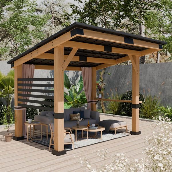 10X12FT] Heavy Duty Premium Outdoor All-season Wooden Cedar Hardtop Gazebo with Metal Roof & Back Curtains