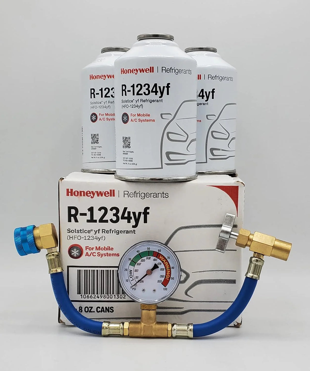 8OZ R1234YF Refrigerant (3 Freon Cans) & HD Brass Can Tap with Gauge