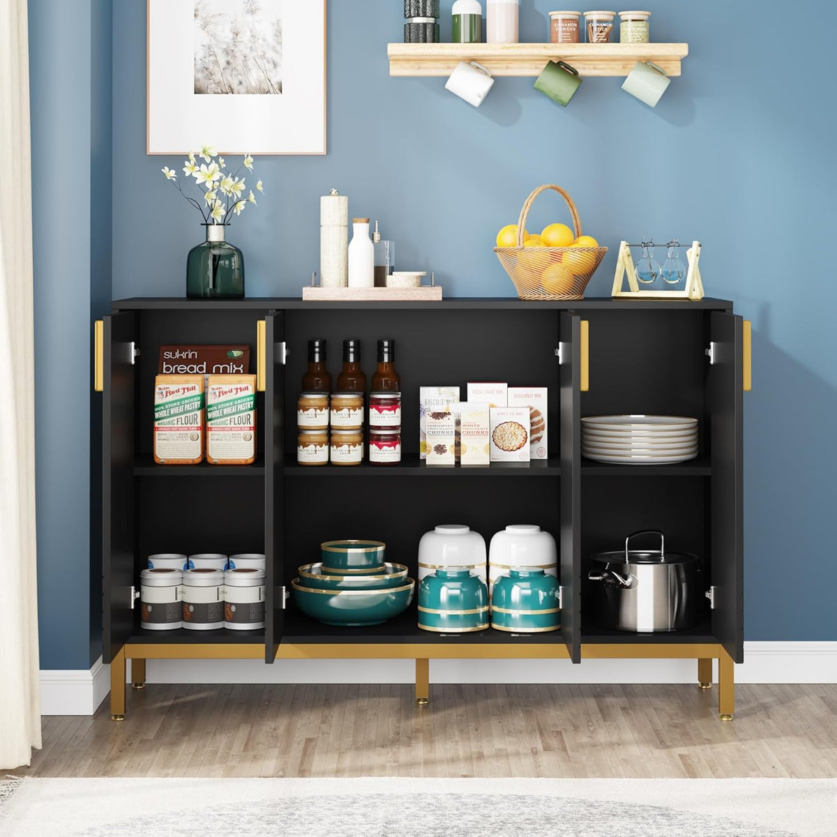 59-Inch Four-Door Buffet Cabinet, Black and Gold