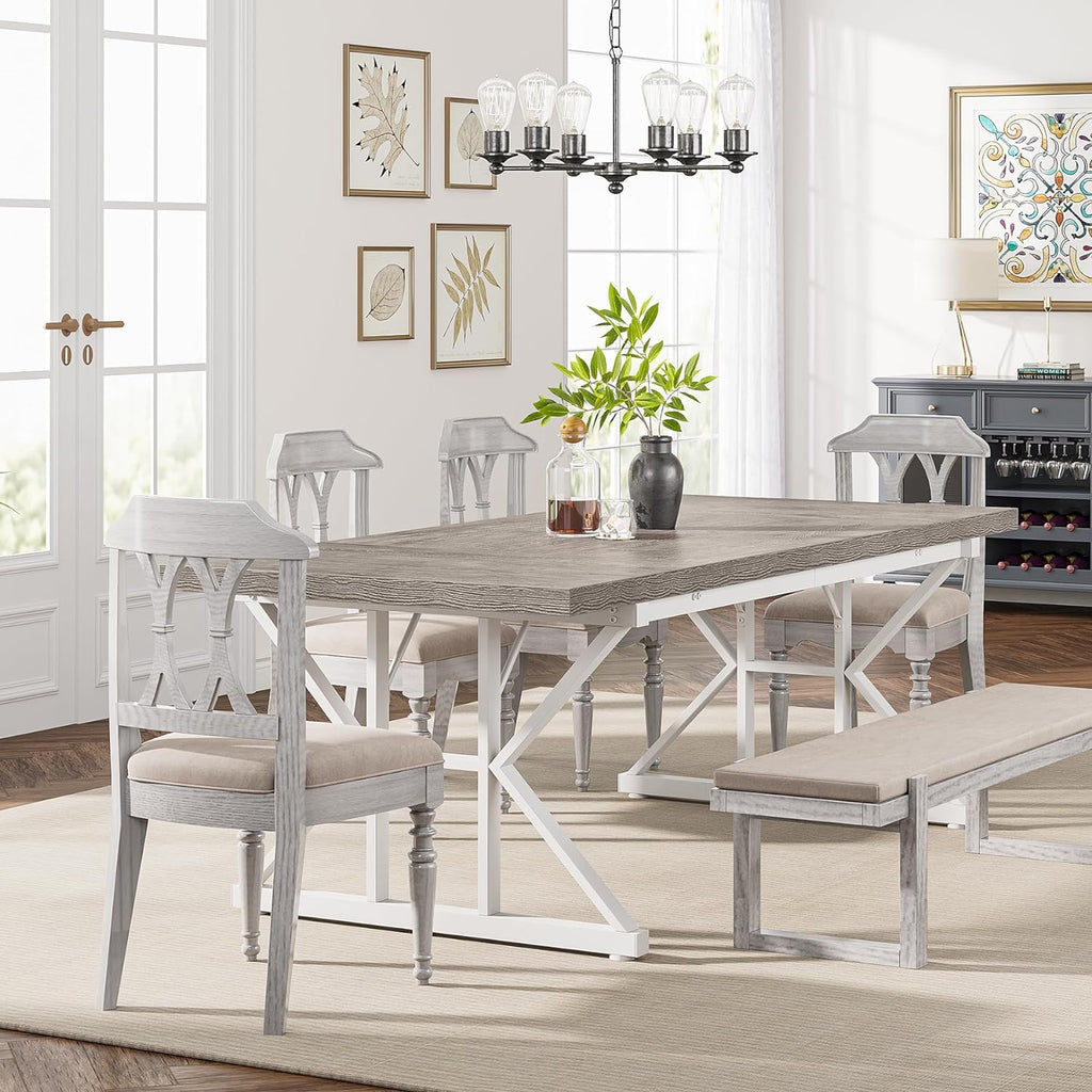 70.8-Inch Farmhouse Dining Table with Metal Legs, Brown and Black
