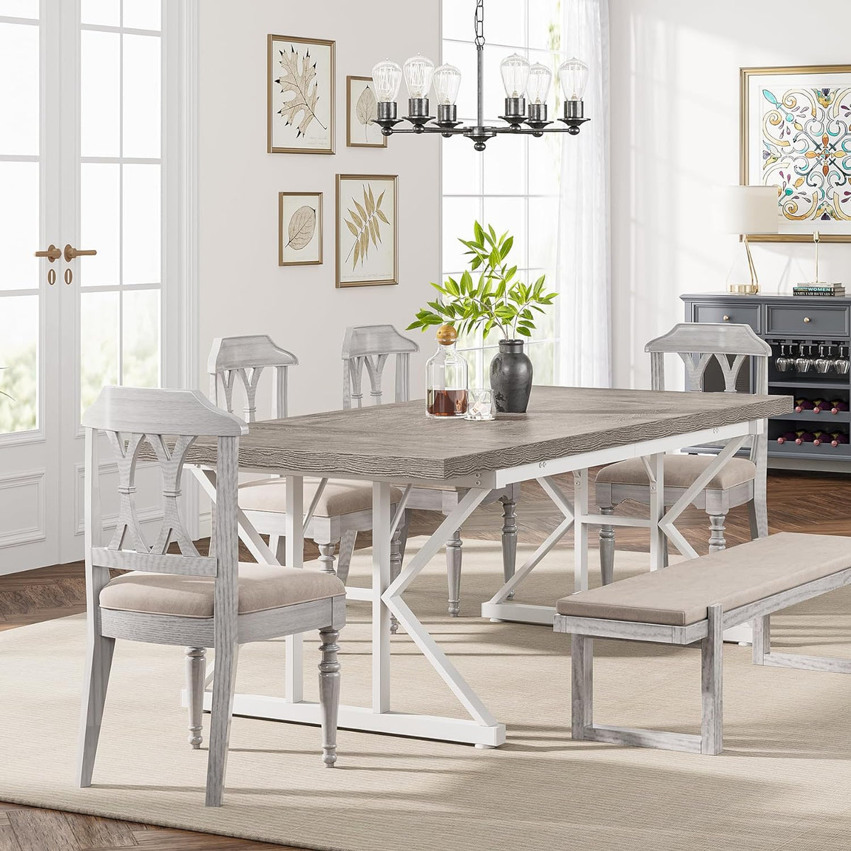 70.8-Inch Farmhouse Dining Table with Metal Legs, Brown and Black