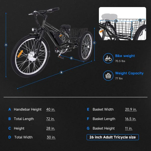 26 Inch Adult 3 Wheel Electric Tricycle with Basket, Fat TIRES,7 SPEEDS,350W Powerful Motor, 36V 10AH Removable Battery - Dark Gray