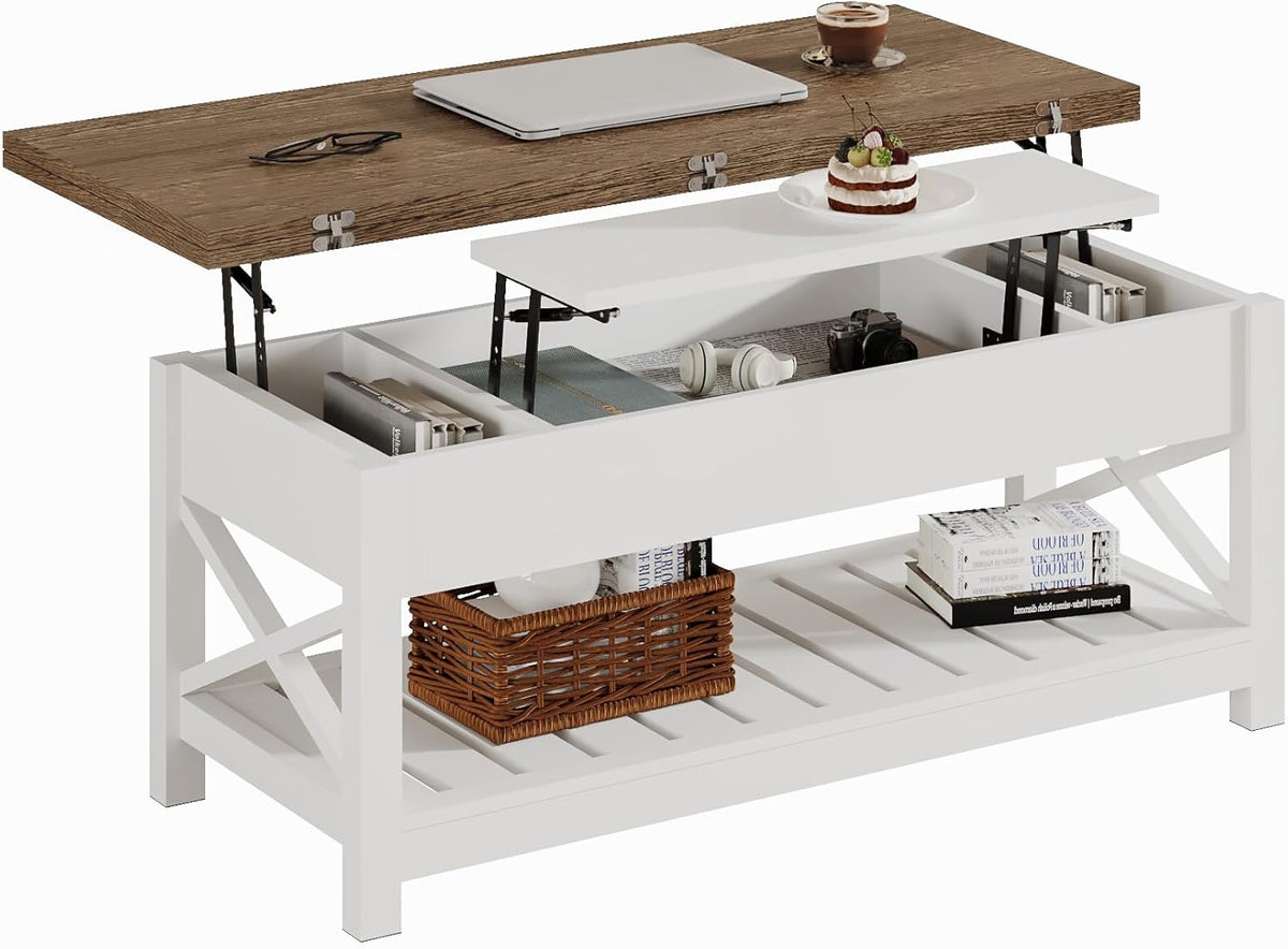 Convertible Coffee-to-Dining Table with Storage, White and Brown