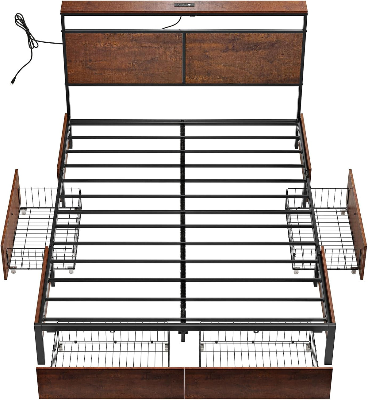 Queen Bed Frame with Storage Headboard, 4 Drawers and LED Lights