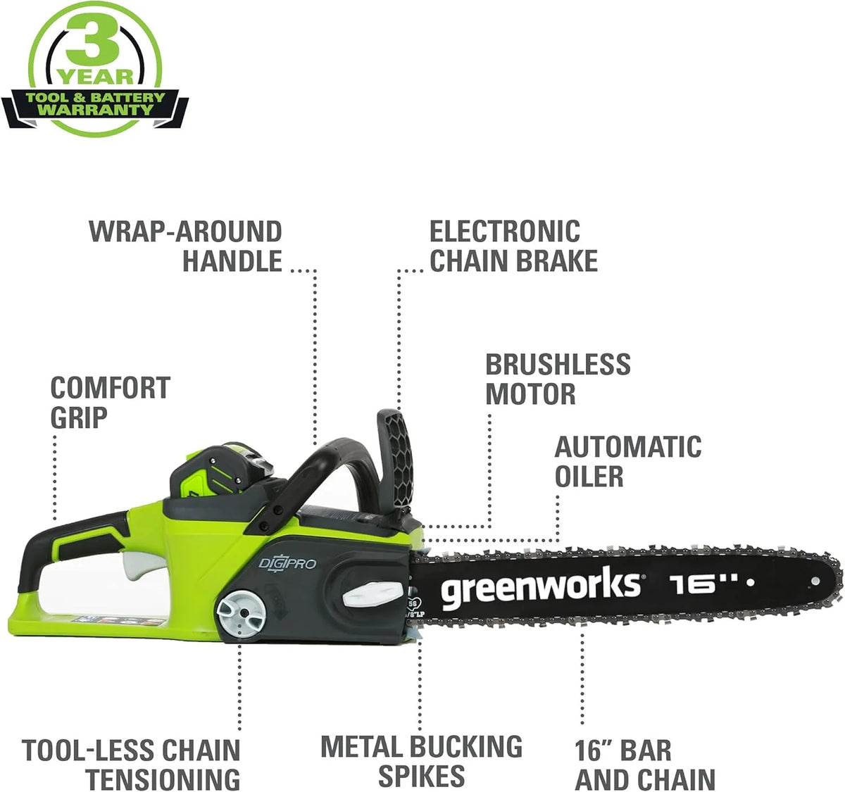 40V 16" Brushless Cordless Chainsaw, 4.0AH Battery and Charger Included