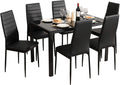 Glass-Top Dining Set with Six Padded Chairs, Black