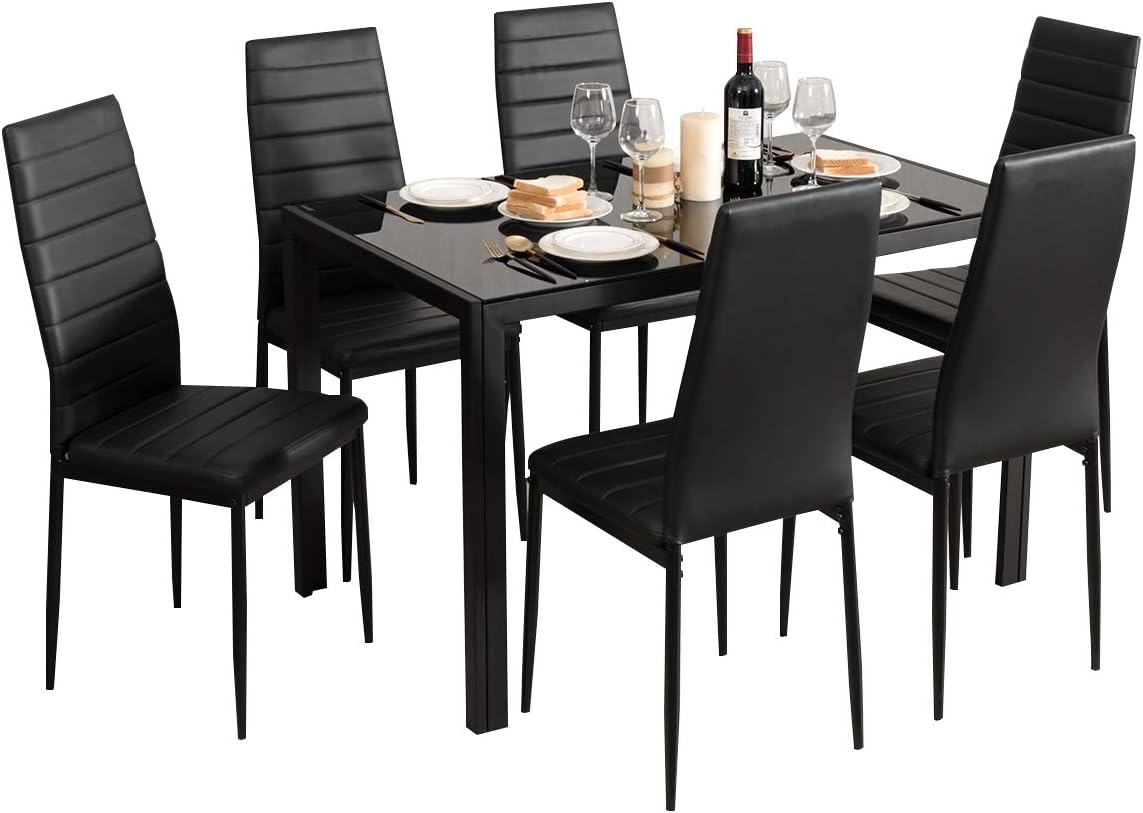 Glass-Top Dining Set with Six Padded Chairs, Black