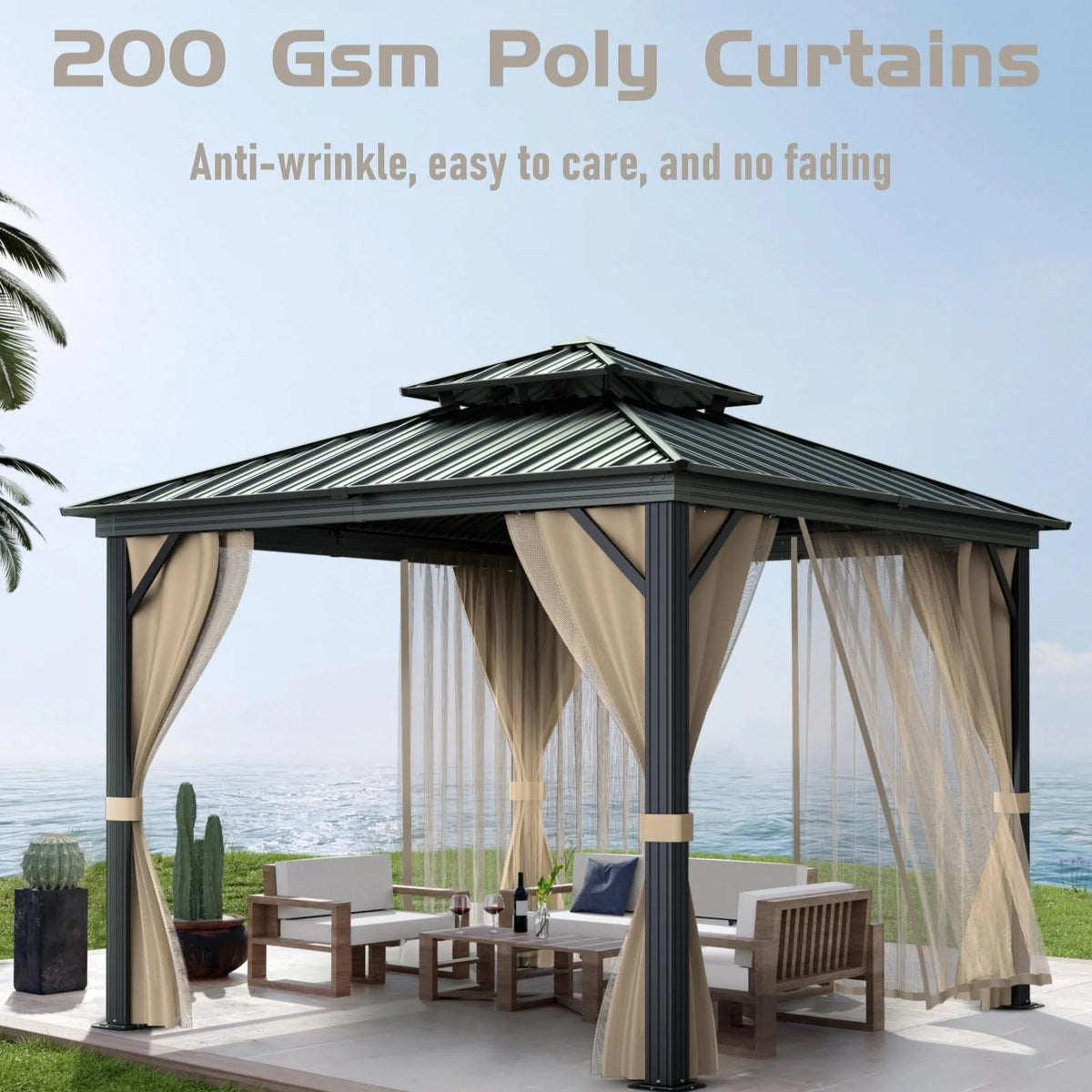 10'X10′ Hardtop Gazebo with Double Metal Roof, Aluminum Frame, Net, and Curtain. All-weather, Ideal for Patio, Deck, Garden, Backyard. Khaki