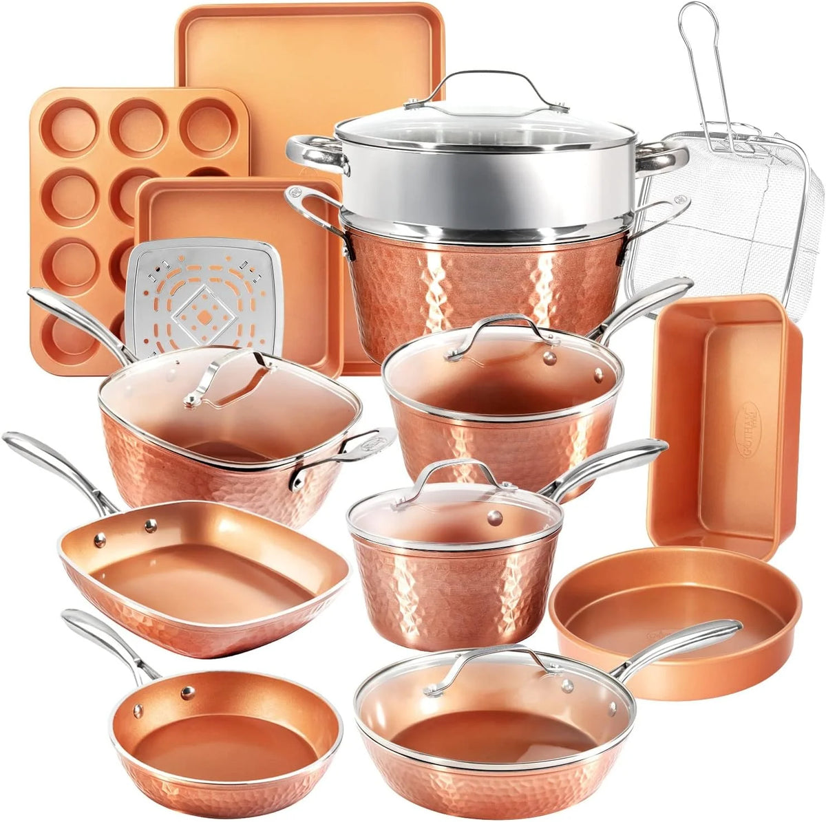 Hammered Copper 20 Pc Ceramic Cookware Set Nonstick, True Ceramic Pots and Pans Set Non Stick with Deep Square Pan Set & Bakeware Set, Non…