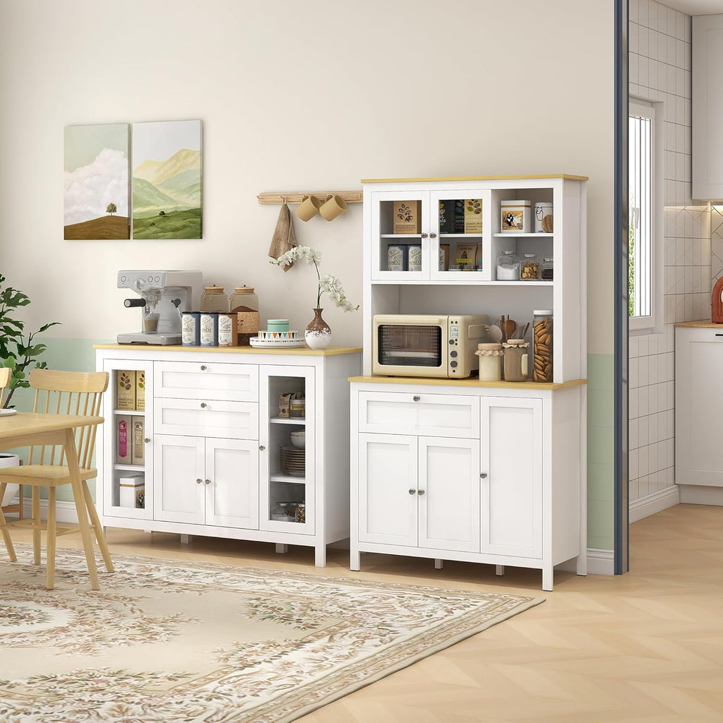 Kitchen Sideboard with Glass Doors and Two Drawers, Oak White