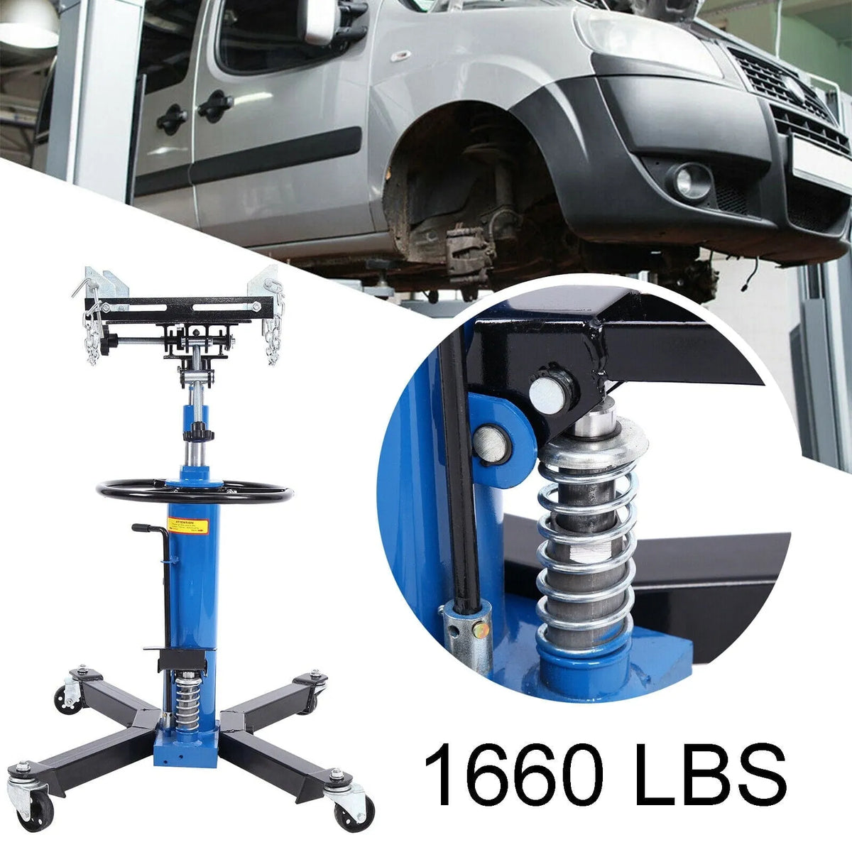 1660 Pounds Hydraulic Car Transmission Jack Vertical Lift with 360° Swivel Wheel Pedal ,BLUE,33"-70"(0.75TON