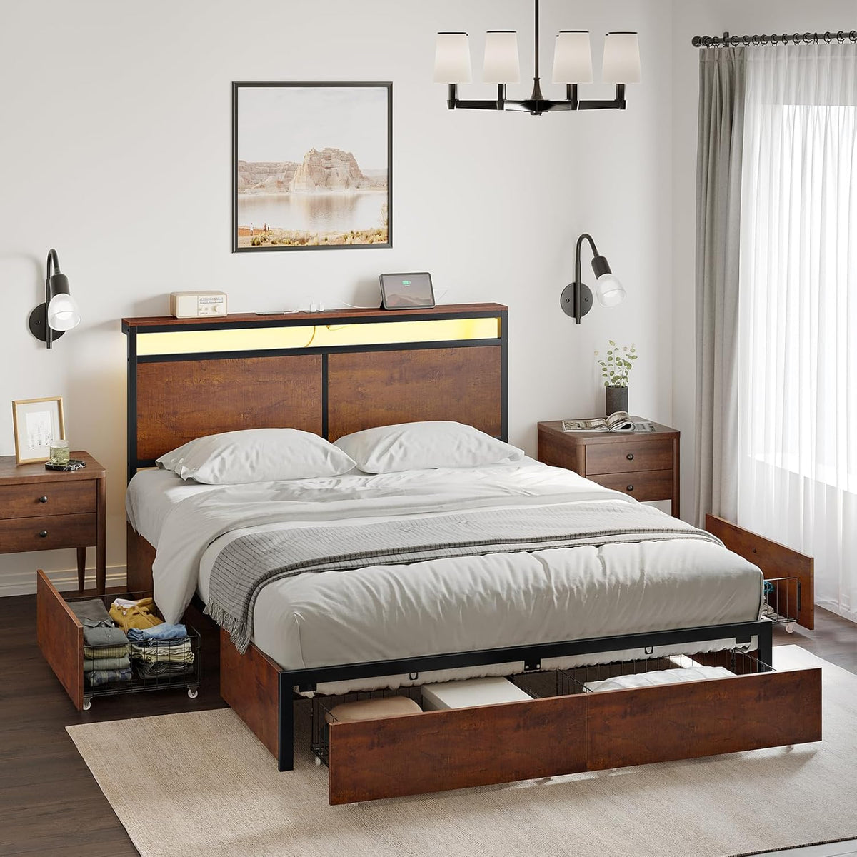 Queen Bed Frame with Storage Headboard, 4 Drawers and LED Lights
