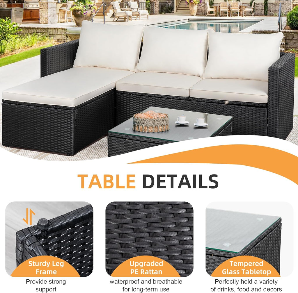 3-Piece Outdoor Wicker Patio Set with Glass Coffee Table, Beige