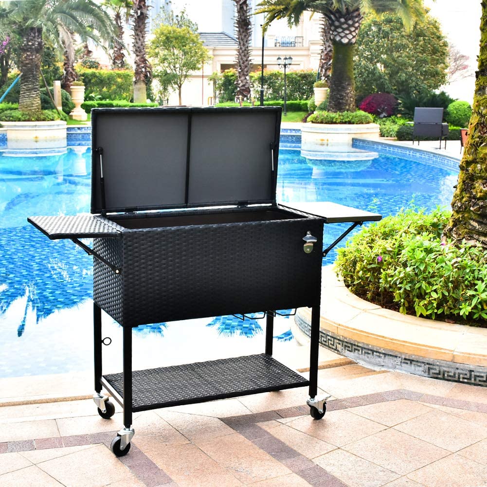 80 quart Rattan Rolling Cooler Cart, Portable Wicker Cooler Trolley, Backyard Party Drink Beverage Bar