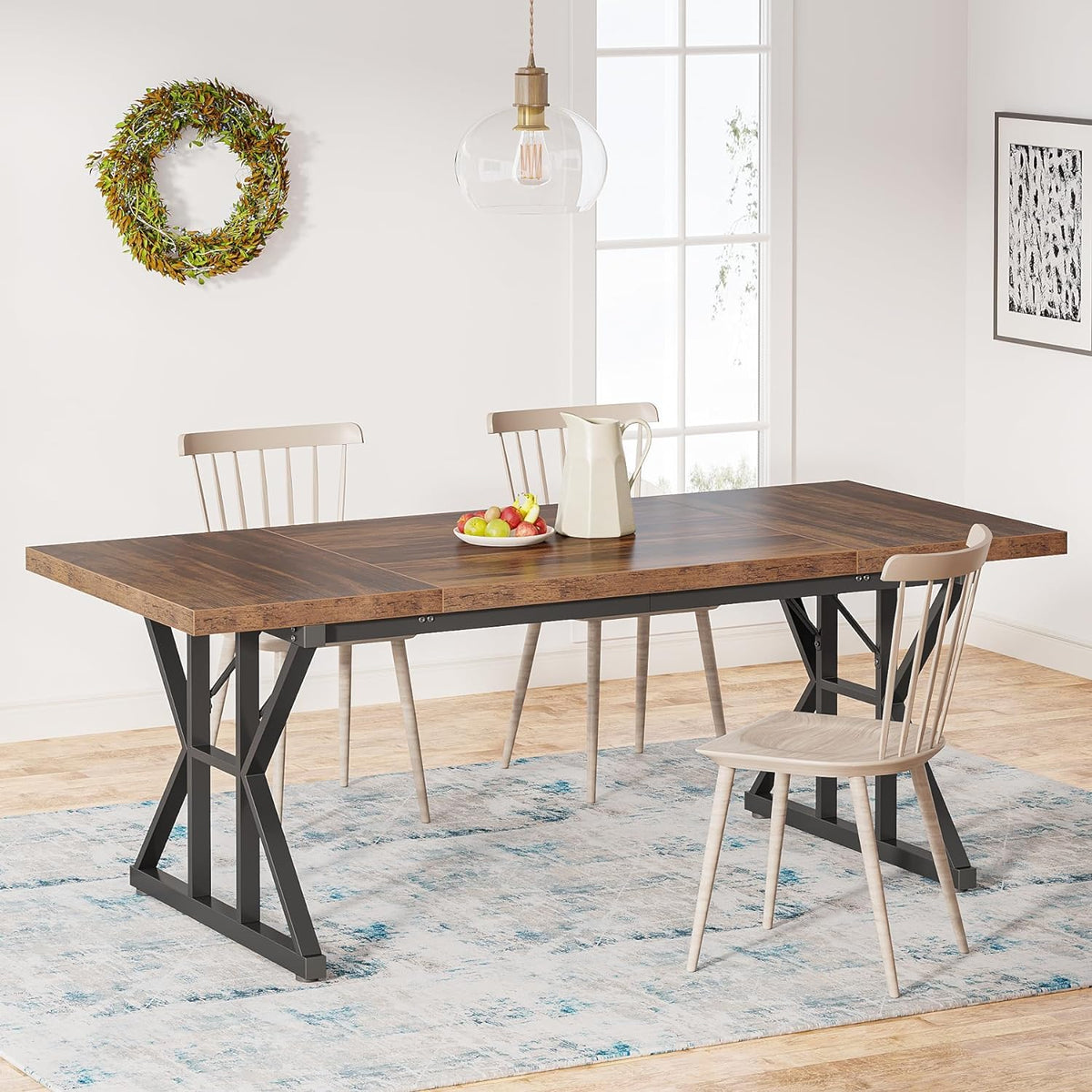 70.8-Inch Farmhouse Dining Table with Metal Legs, Brown and Black