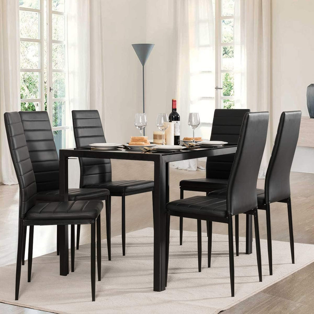 Glass-Top Dining Set with Six Padded Chairs, Black
