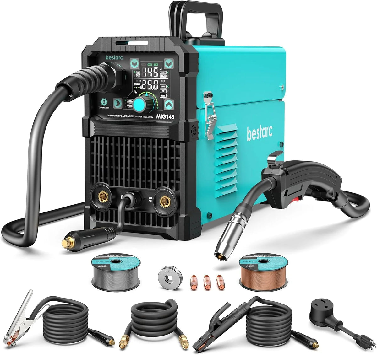 145A Mig Welder, 110V/220V Dual Voltage Gas/gasless Flux Core Mig Welder/lift Tig/stick 3 in 1 Synergic 9GEN Welding Machine, Flux/solid…