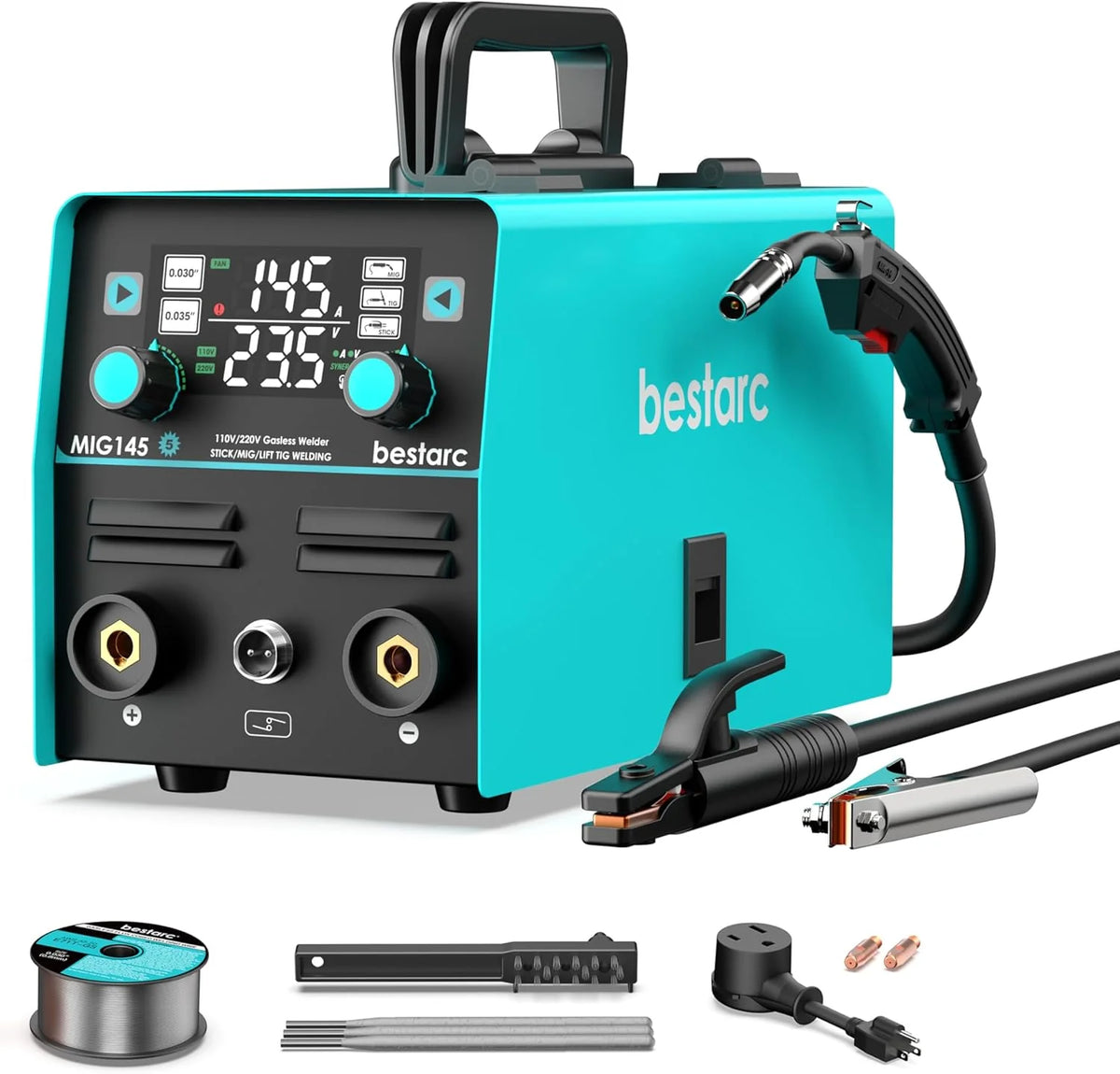 145A Mig Welder, 110V/220V Dual Voltage Gas/gasless Flux Core Mig Welder/lift Tig/stick 3 in 1 Synergic 9GEN Welding Machine, Flux/solid…