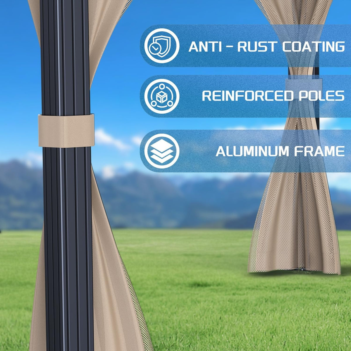 10'X10′ Hardtop Gazebo with Double Metal Roof, Aluminum Frame, Net, and Curtain. All-weather, Ideal for Patio, Deck, Garden, Backyard. Khaki