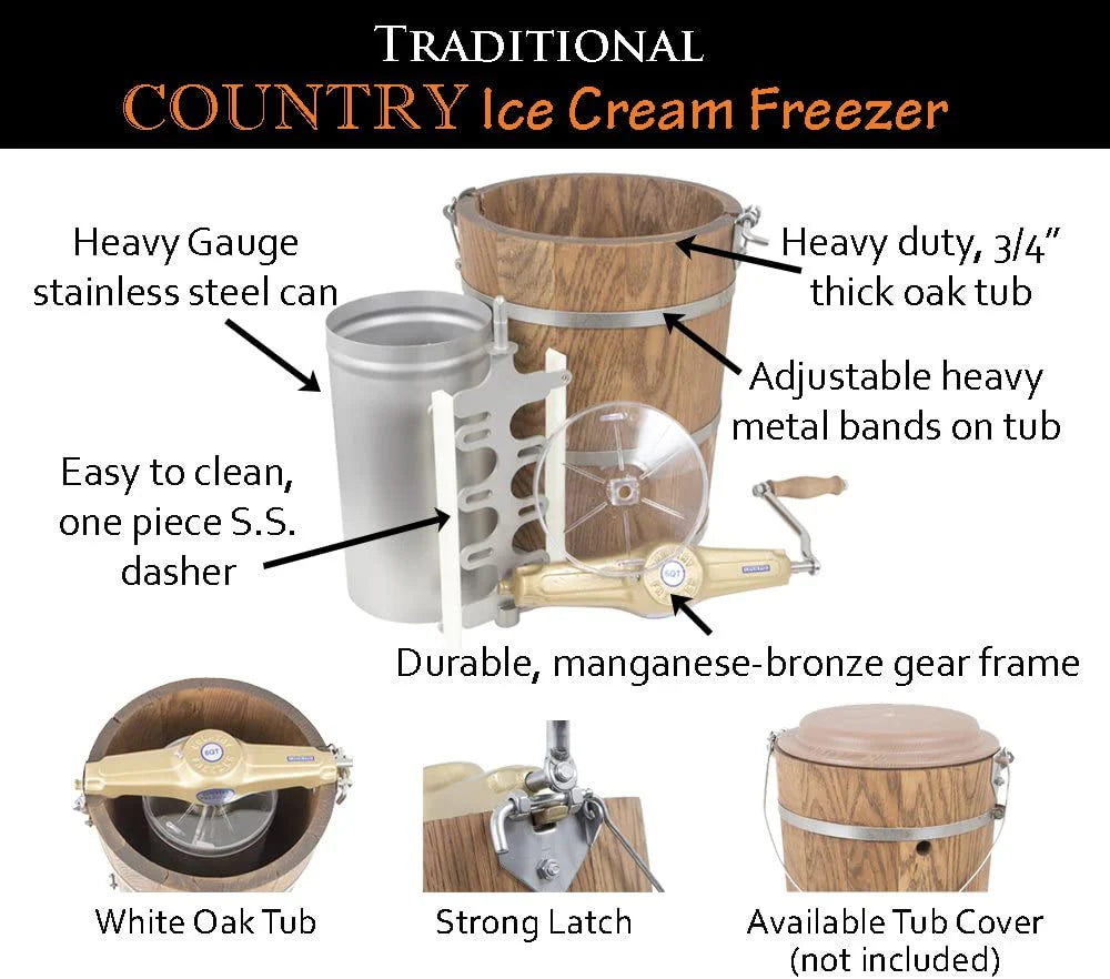 6 qt Ice Cream Maker - Classic Wooden Tub - Hand Crank