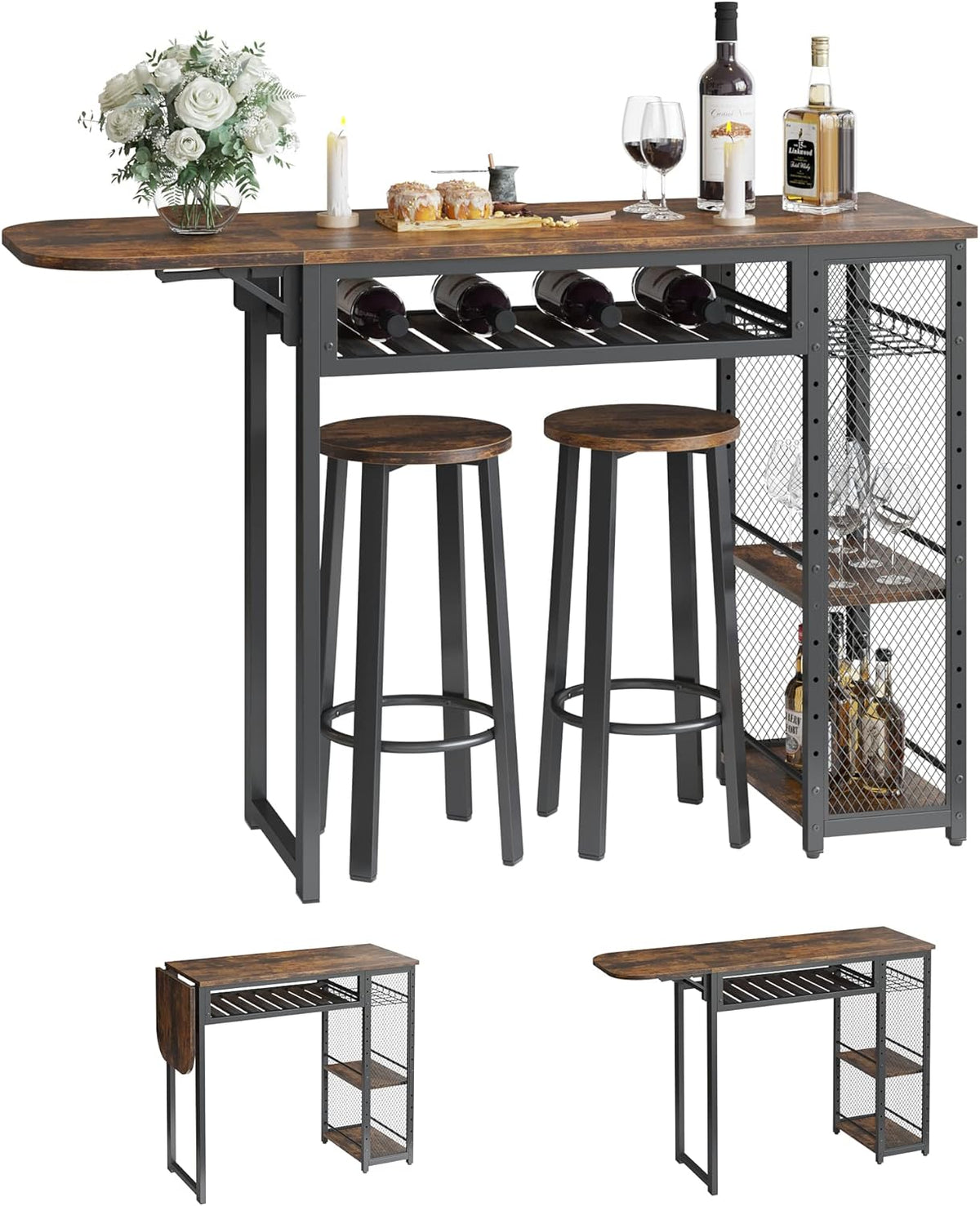 Expandable Bar Table Set with Two Stools and Wine Rack, Rustic Brown