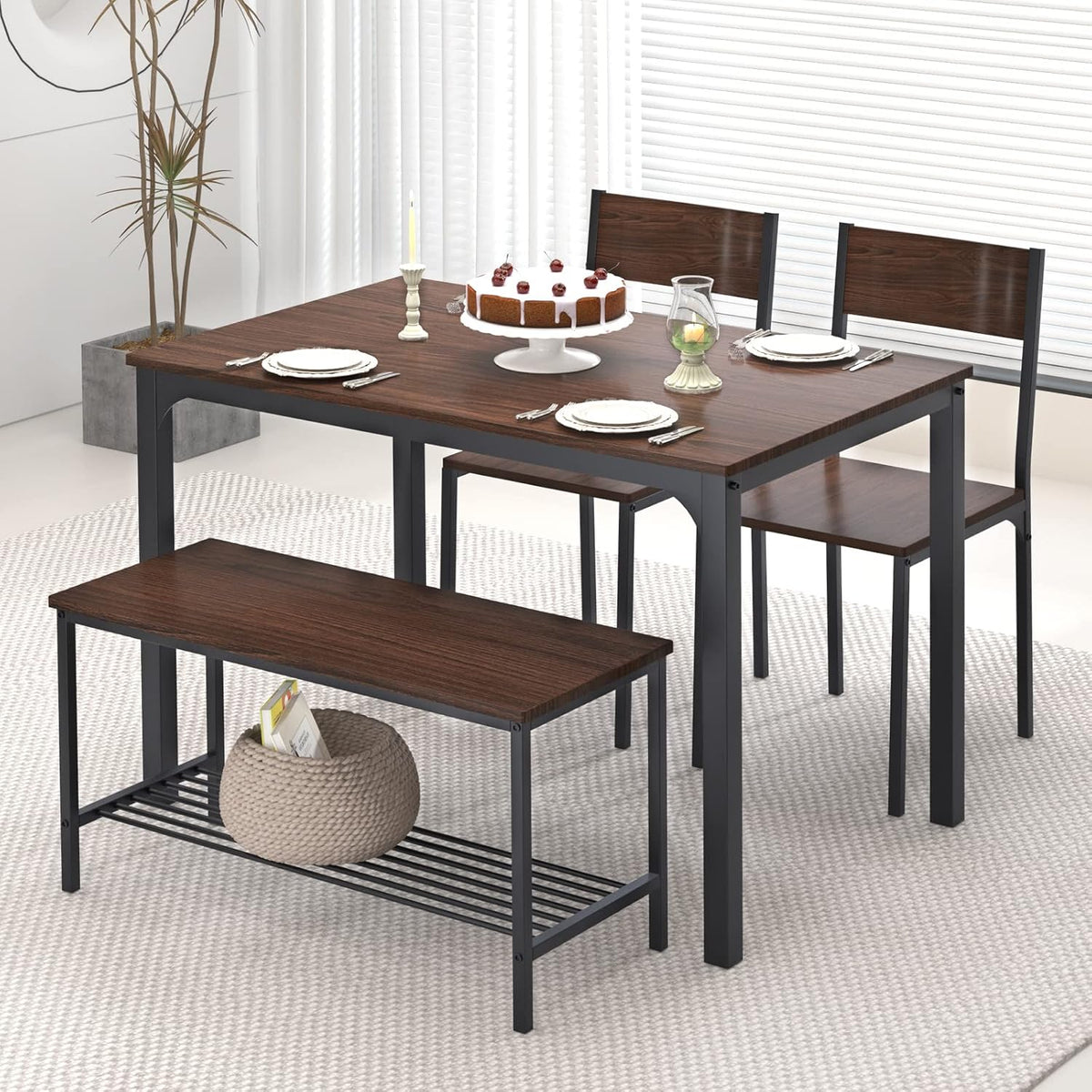4-Piece Dining Set with Two Chairs and Bench, White