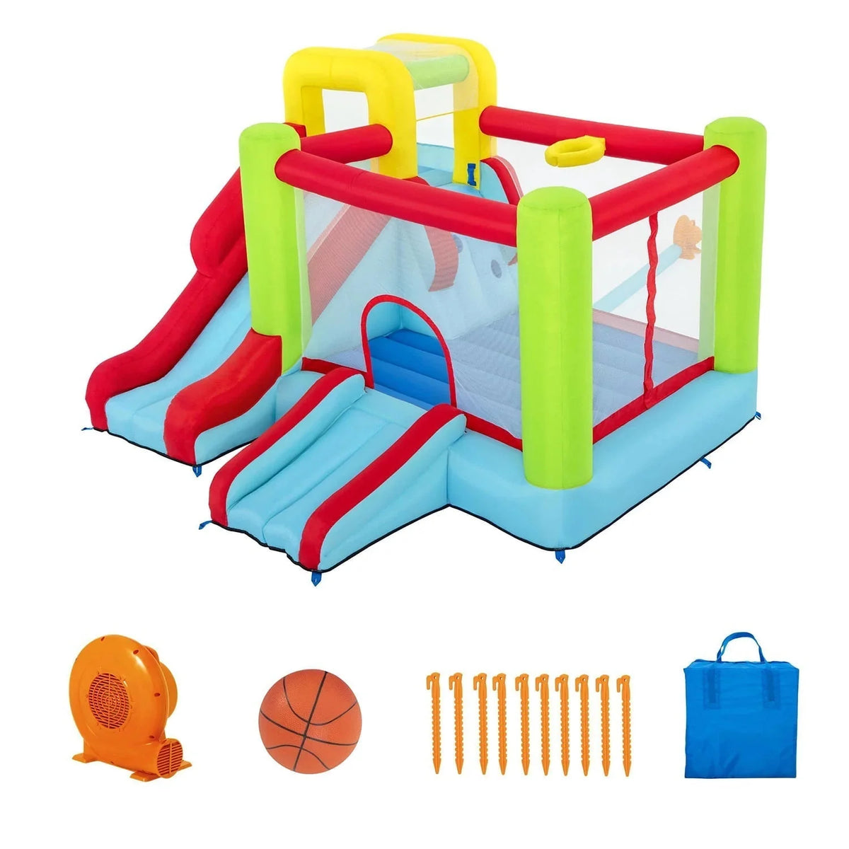 Up, in and Over Wonder Hoops 10' Inflatable Bounce House Park with Basketball and Slide. 126