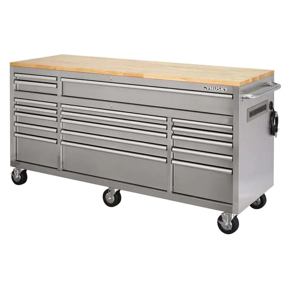 72 in. 18-DRAWER 24 in. D Mobile Workbench with Solid Wood Top Stainless Steel