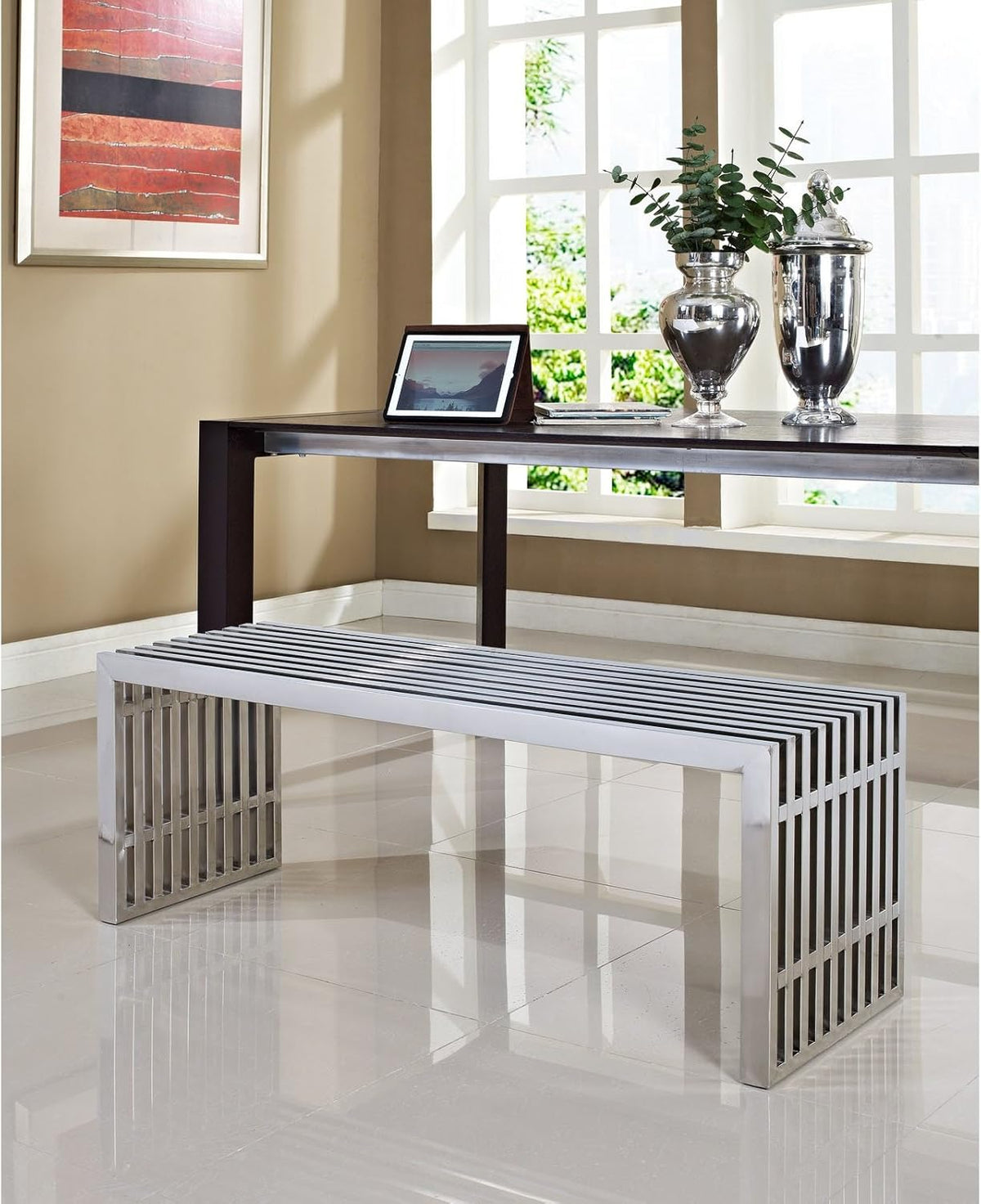 59-Inch Stainless Steel Gridiron Bench, Silver