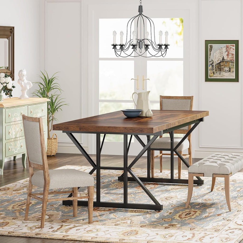 70.8-Inch Farmhouse Dining Table with Metal Legs, Brown and Black