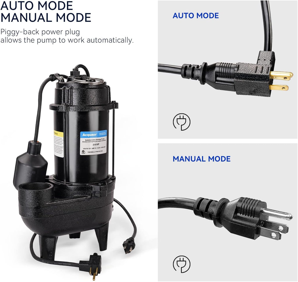 3/4 HP Submersible Sewage Pump, 6,400 GPH with Float Switch