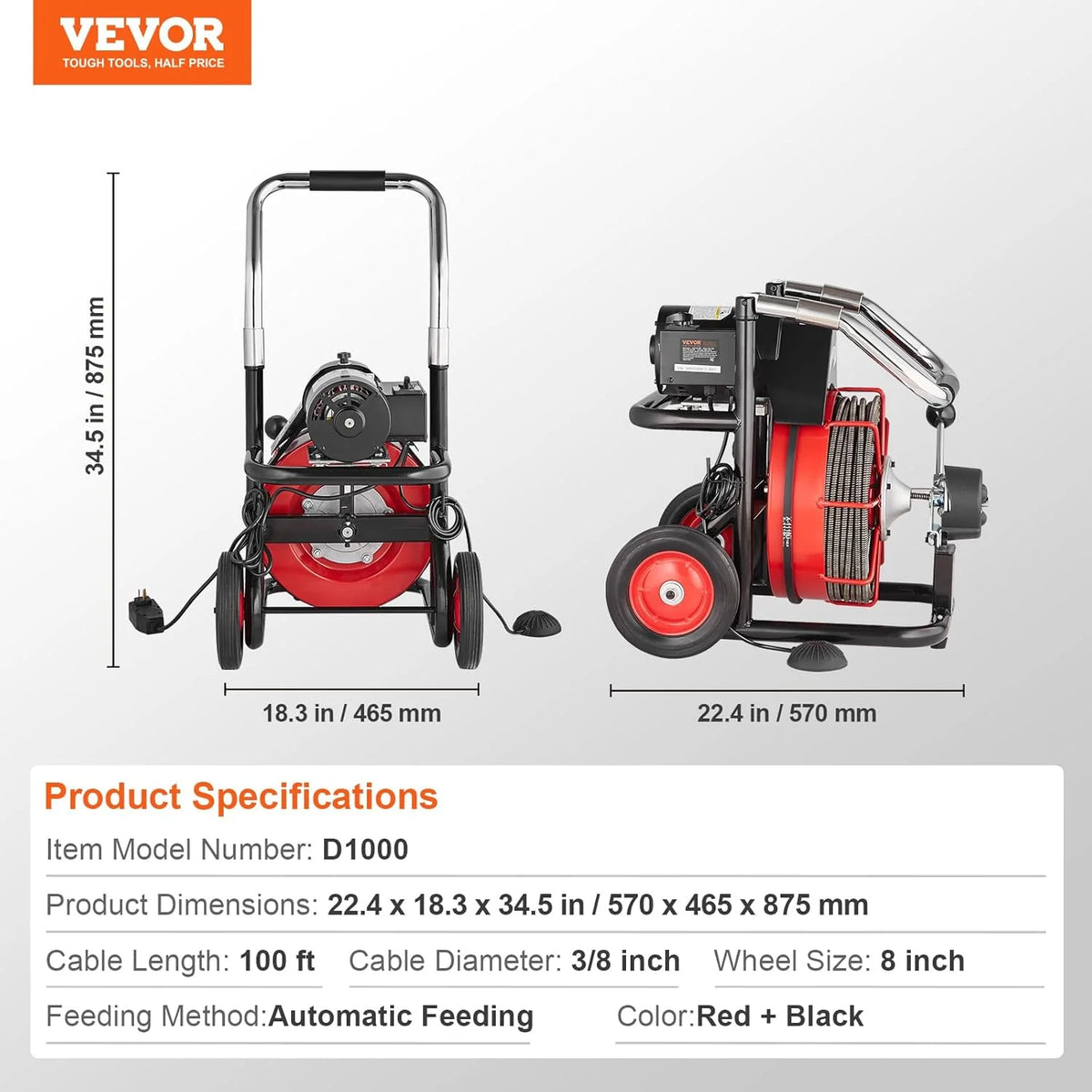 Drain Cleaner Machine 100FT X 1/2 Inch, Auto Feed Sewer Snake Auger on Wheels, 550W Portable Drain Cleaning Machine with 8 Cutters &…