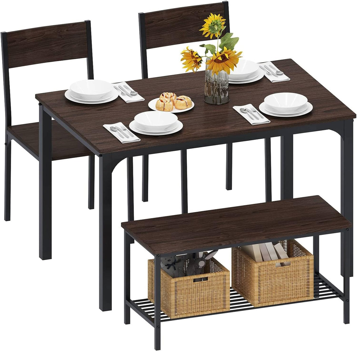 Dining Table Set with 2 Chairs and Bench