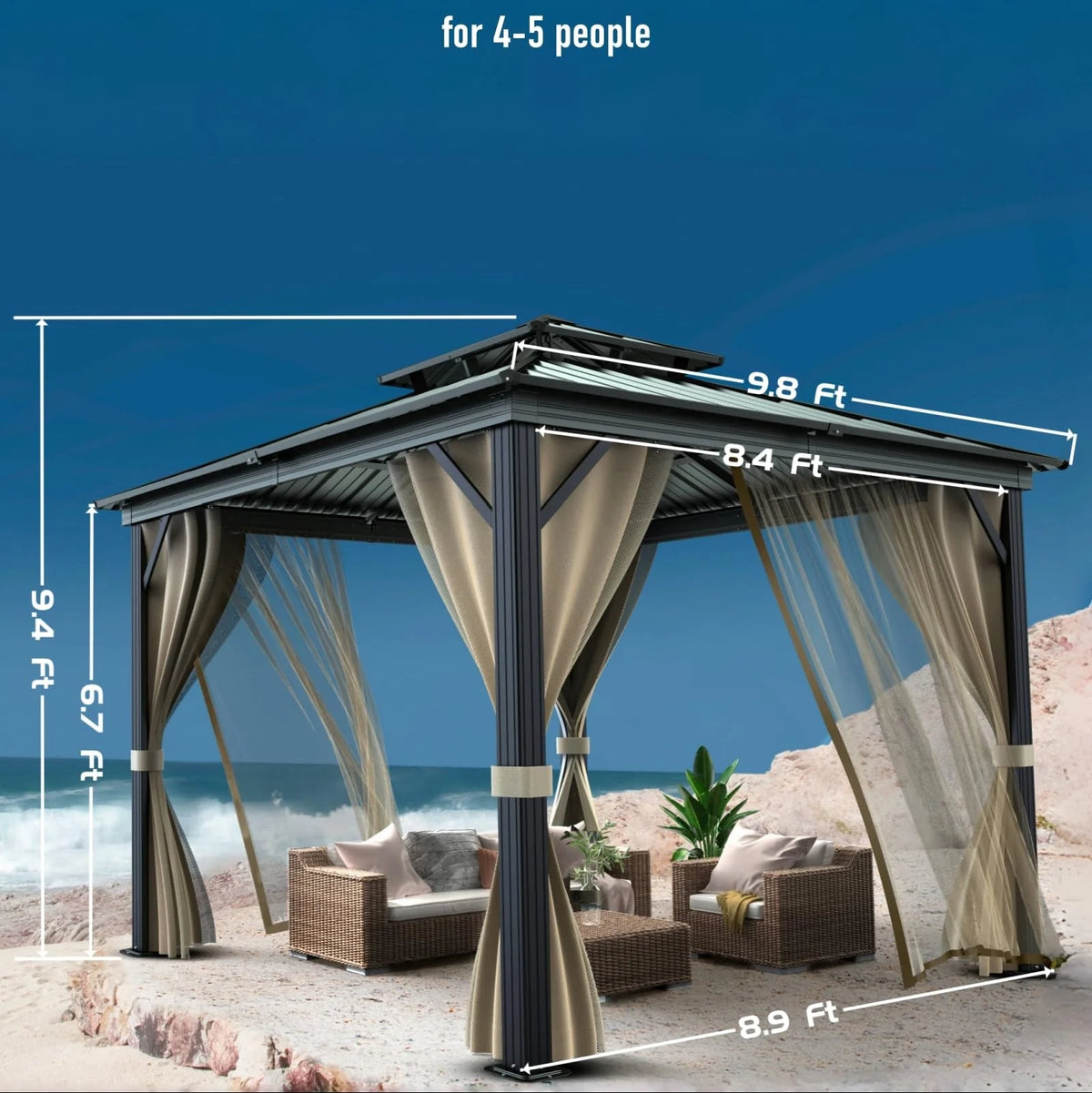 10'X10′ Hardtop Gazebo with Double Metal Roof, Aluminum Frame, Net, and Curtain. All-weather, Ideal for Patio, Deck, Garden, Backyard. Khaki