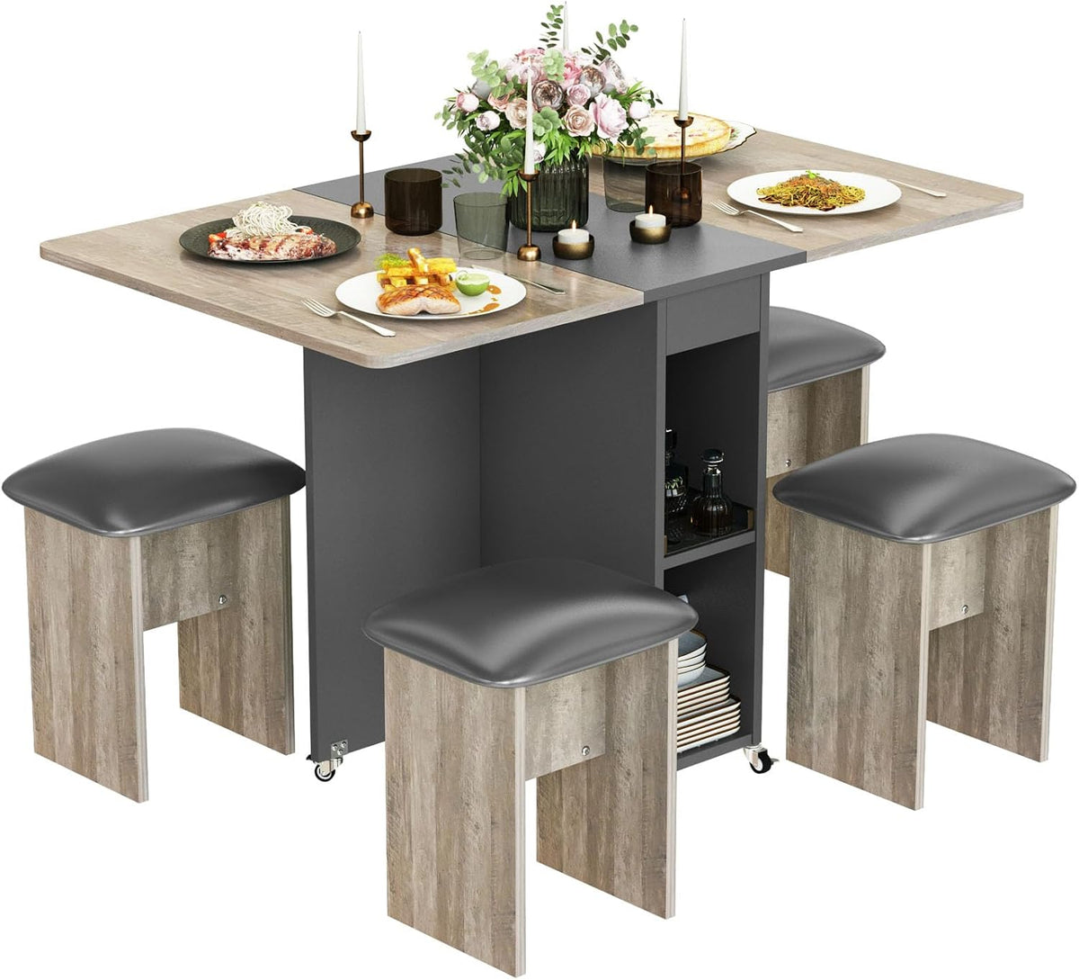 Folding Dining Table Set with 4 Chairs and Wheels