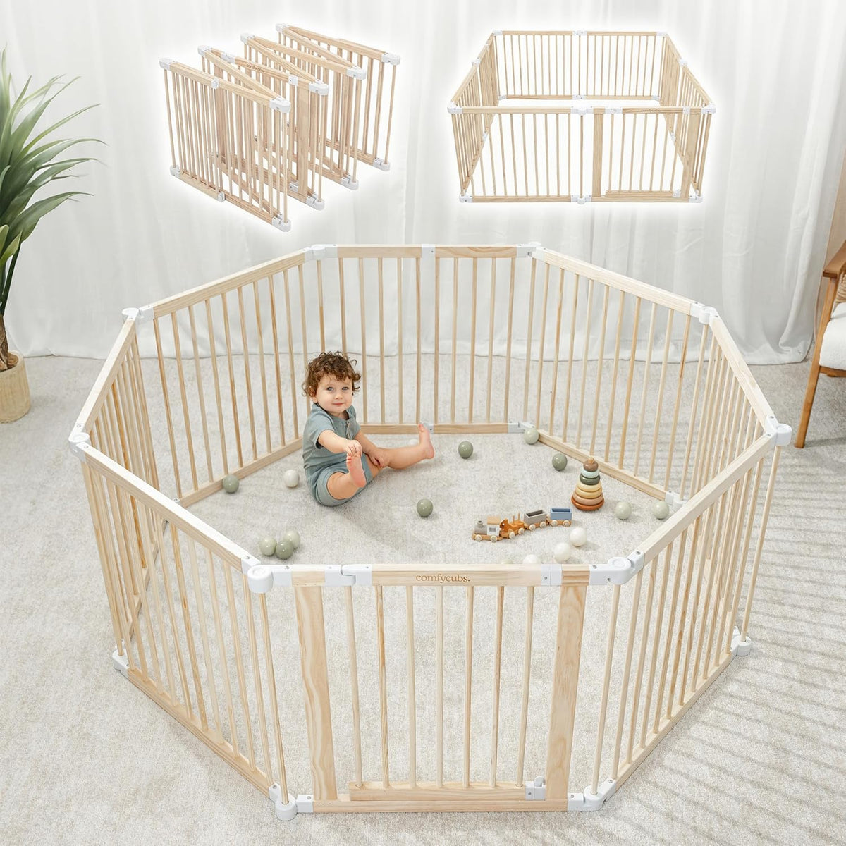 Foldable Wooden Baby Playpen and Gate, Light Wood and White