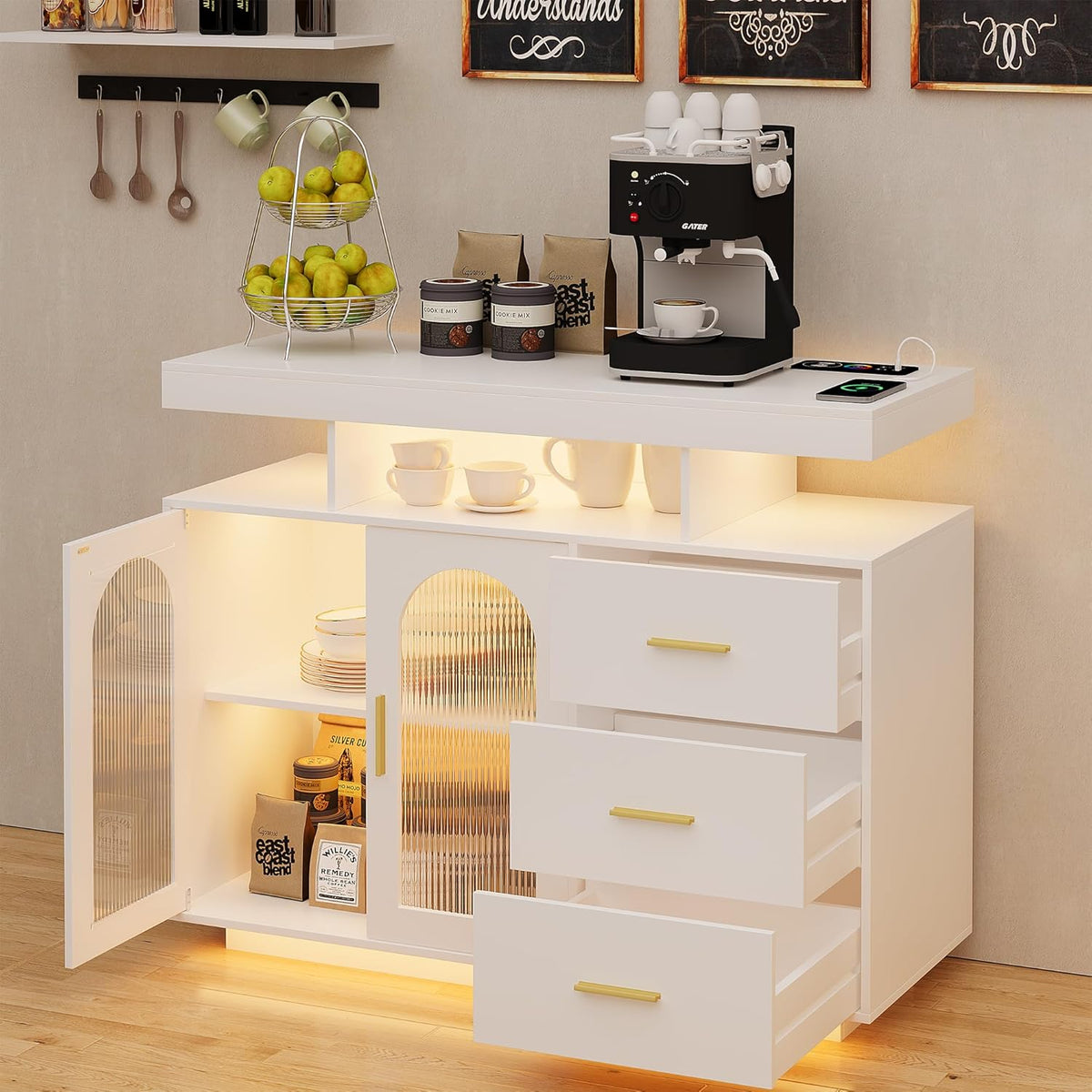 Coffee Bar Cabinet with RGB Lights, Black