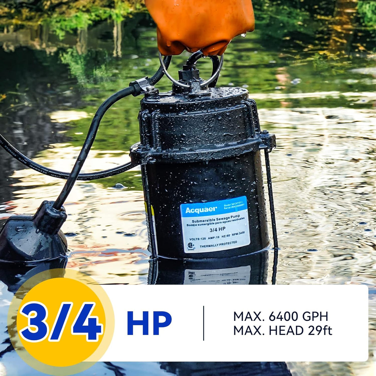 3/4 HP Submersible Sewage Pump, 6,400 GPH with Float Switch