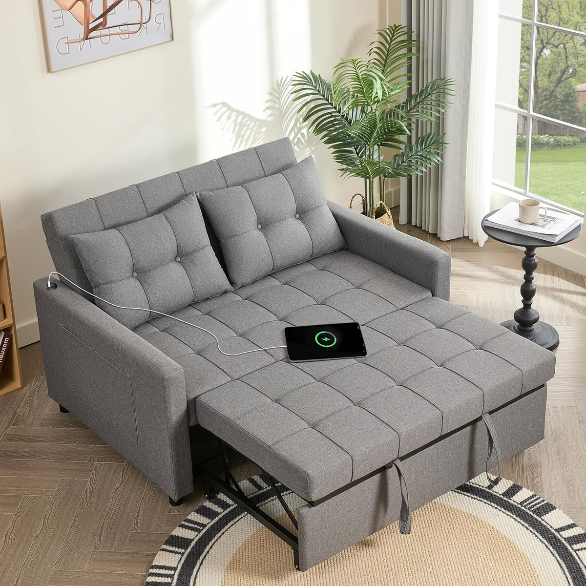 52-Inch Convertible Sleeper Sofa with Pull-Out Bed, Dark Gray