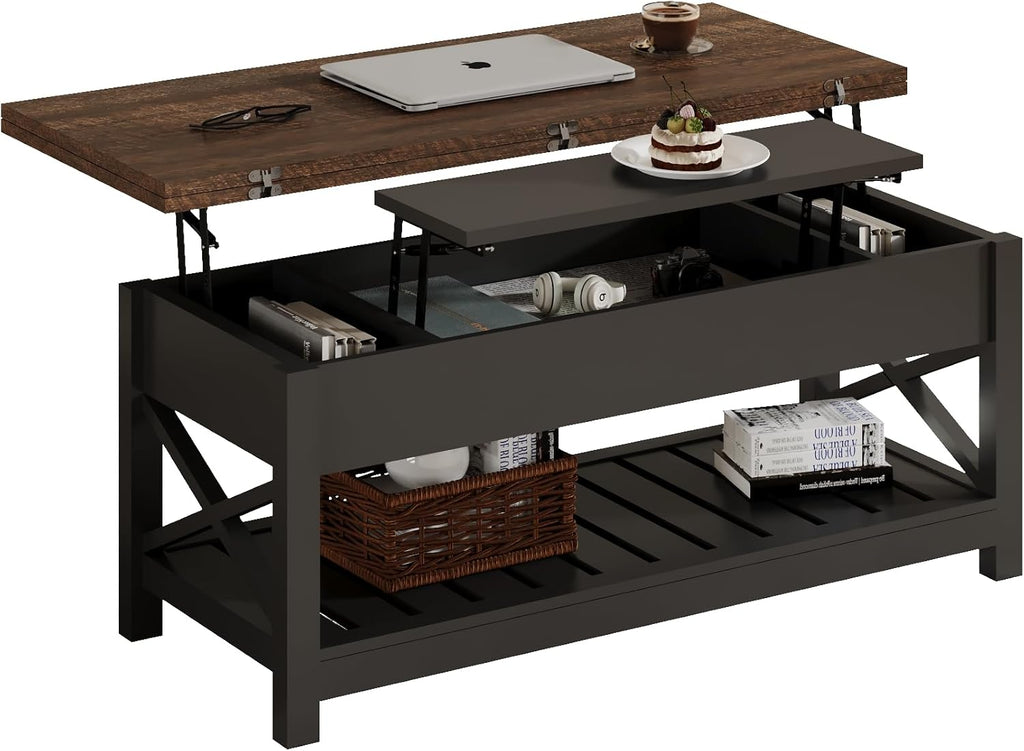 Convertible Coffee-to-Dining Table with Storage, White and Brown