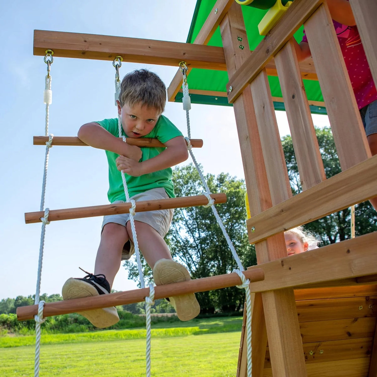 Mount Mckinley Cedar Wood Swing Set with Wave Slide, Play Deck, Double Rock Wall, Rope Ladder, Web Swing, Belt Swings, Toy Telescope,…