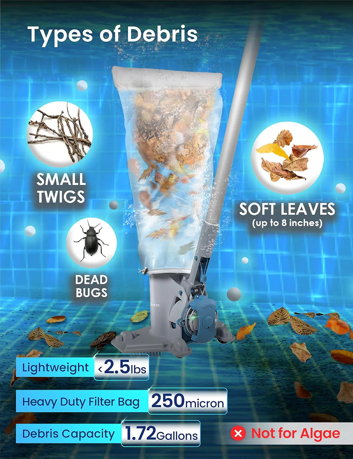 Rechargeable Cordless Pool Leaf Vacuum, 30GPM Strong Suction, 75 Min Runtime, Xl Heavy Duty Filter Bag, Leaves and Debris Removal, for Above…
