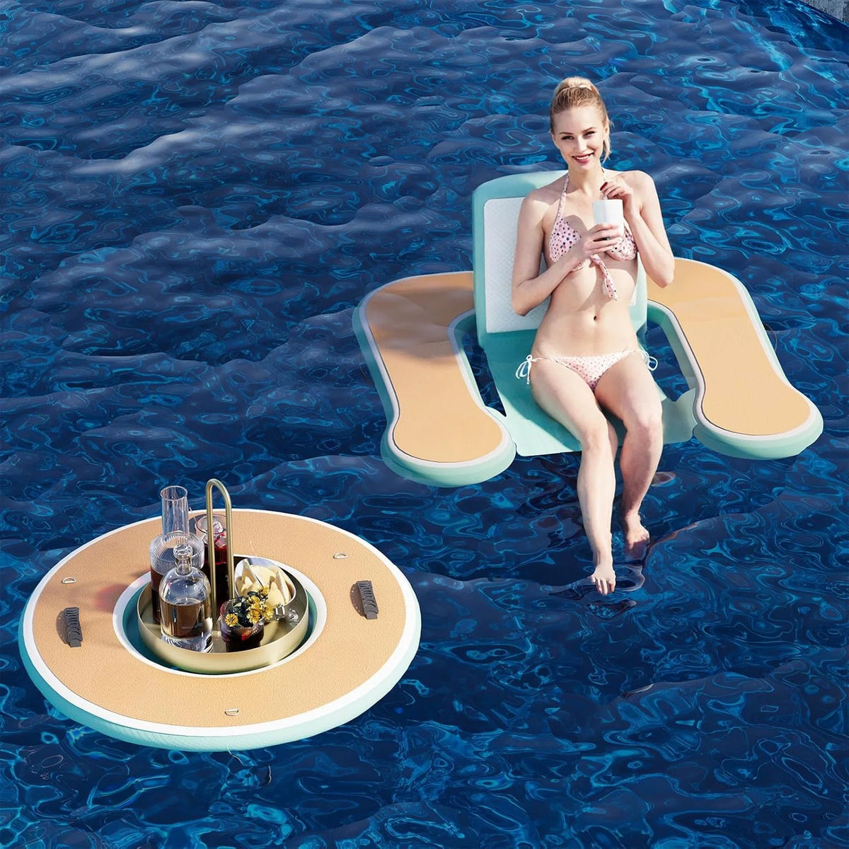 Round Inflatable Floating Dock, Sunchill Float Ring, Hammock Tanning Pool with 4IN Woven Fabric, Manual Pump for 1-2 Min Quick…