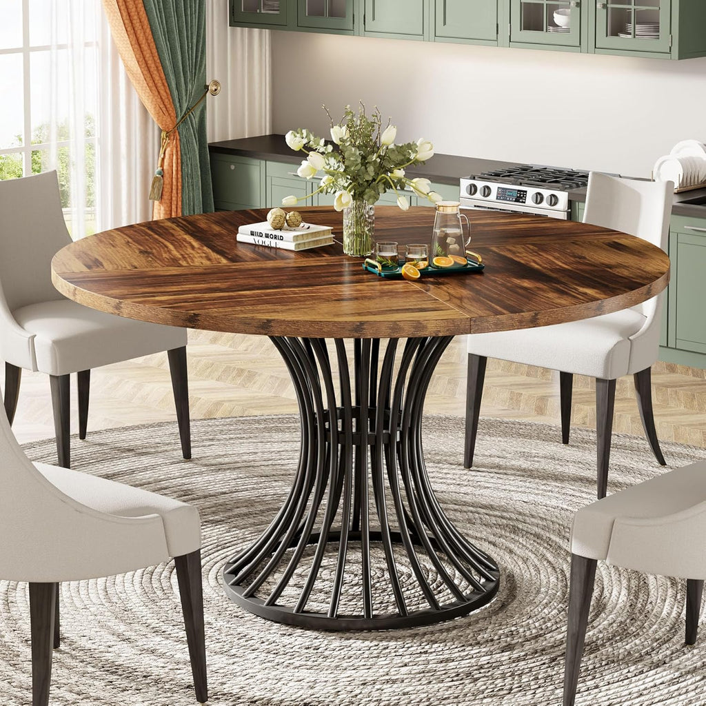 47-Inch Round Dining Table with Metal Base, Rustic Brown