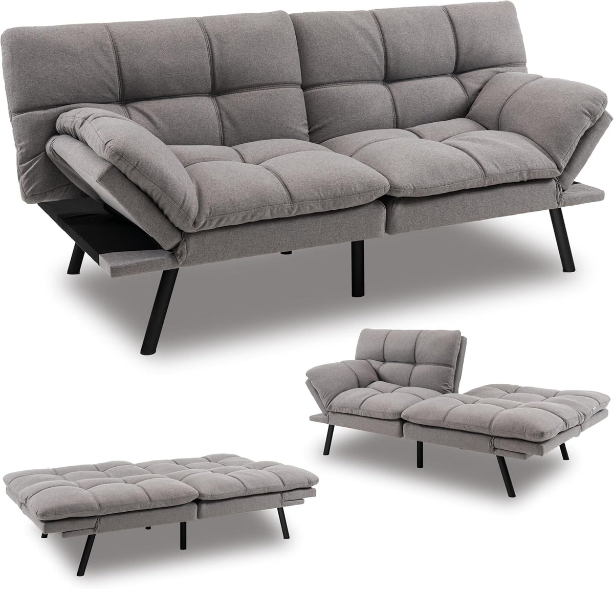 72-Inch Convertible Futon Sofa Bed with Adjustable Backrest, Gray