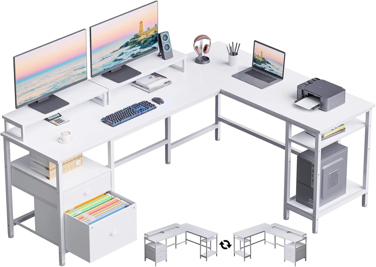 66" L Shaped Desk with Power Outlet, Reversible Computer Gaming Desk with File Drawer & 2 Monitor Stands for Home Office with Storage…