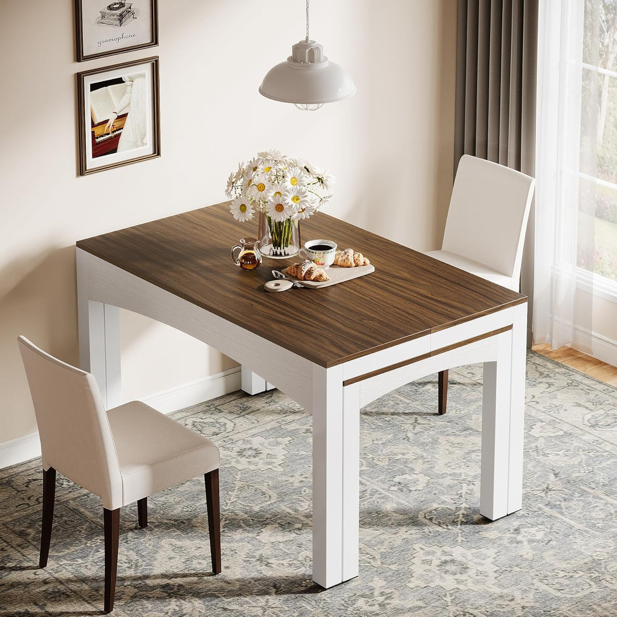 94.49-Inch Extendable Dining Table, Brown and White