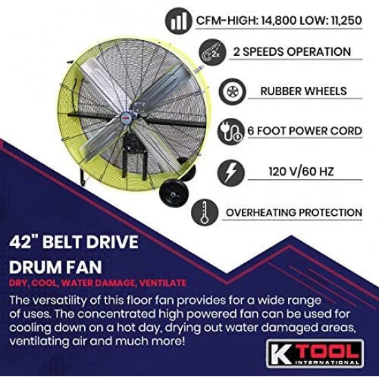 42′′ Belt Drive Drum Fan; Industrial, Garage, Shop, High Speed 2-SPEED, Durable, Cut-off Protection, Easy Mobility Rubber Wheels; Safety…